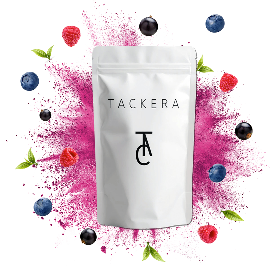 Tackera Classic vrecko biele, s ovocím okolo, maliny, čučoriedky, čierne ríbezle